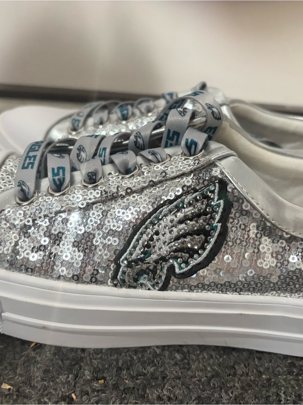 Women's Silver Sequin Low-Top Sneakers with Embroidered Eagle Logo